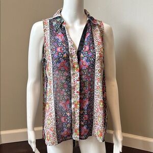 Buffalo David Bitton Sleeveless Floral Blouse Medium Boho Sheer Button Front Top